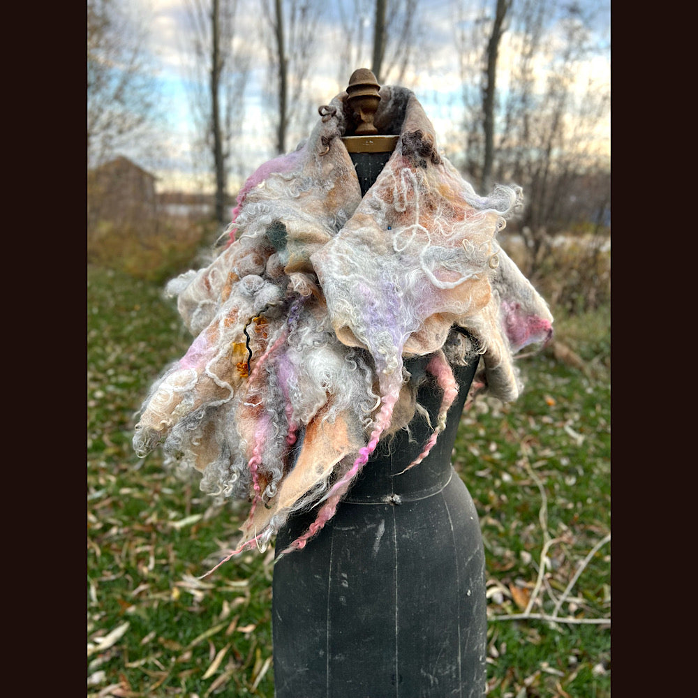 L’Esprit du bois 2024  felted shawl 72” X 22”
