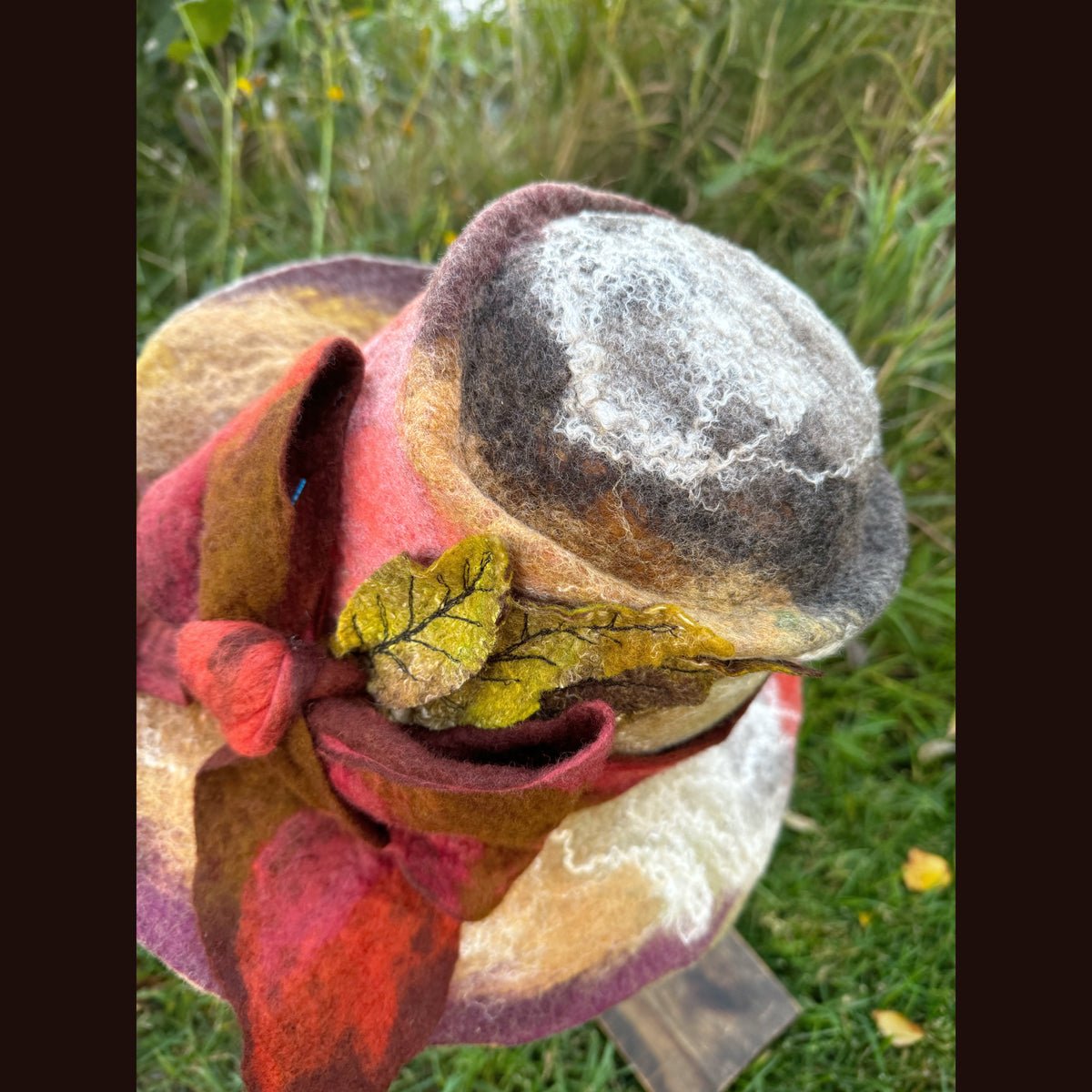 Felted top hat with leaves 23 3/4” medium