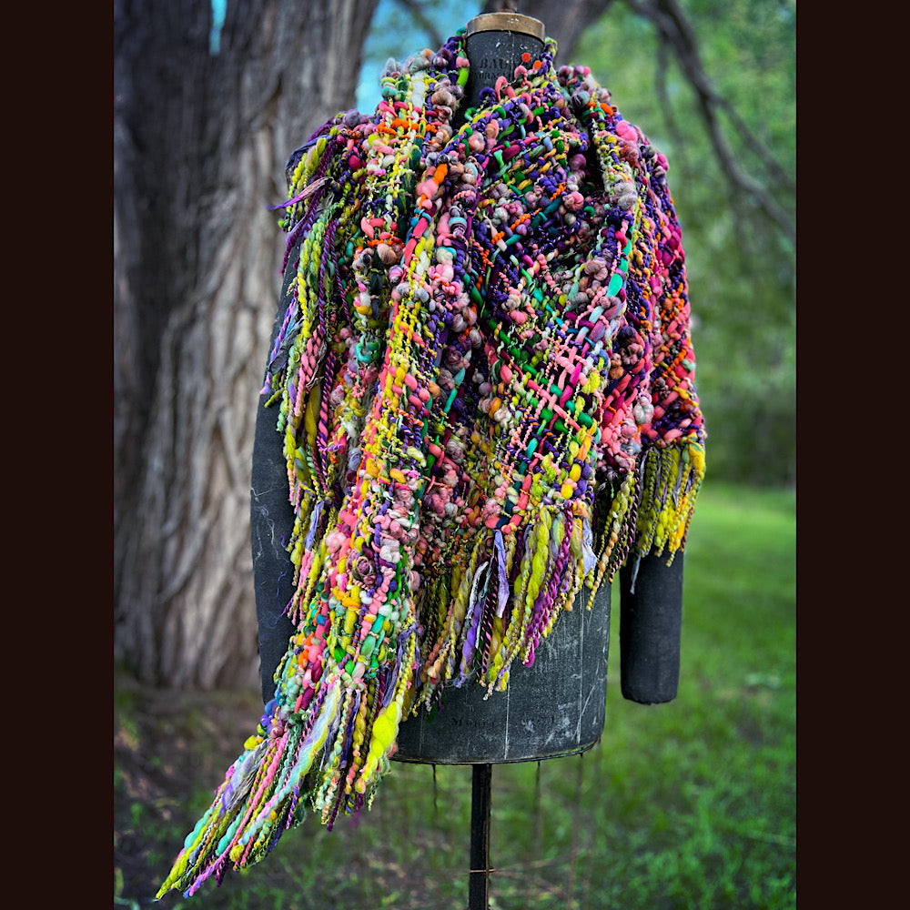 Rainbow warrior Woven shawl 82” X 36” 1 pound