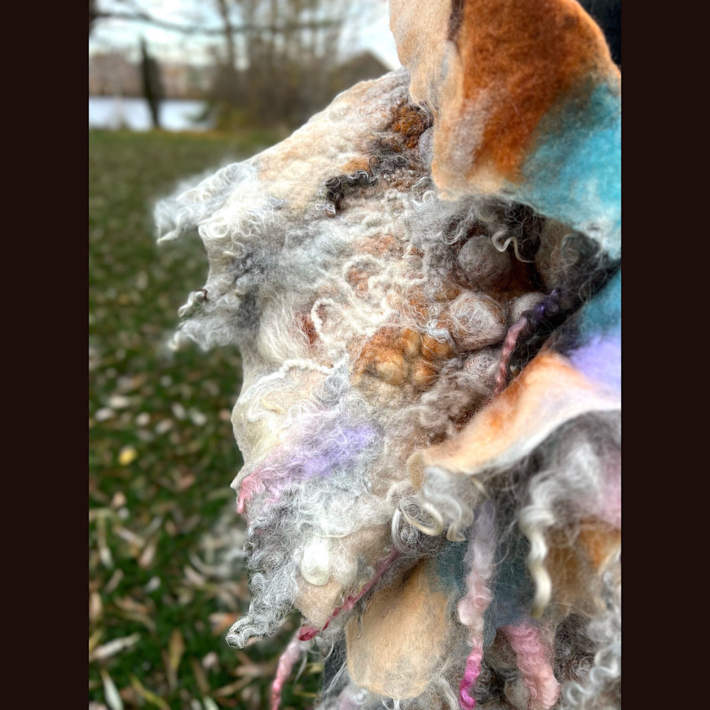 L’Esprit du bois 2024  felted shawl 72” X 22”