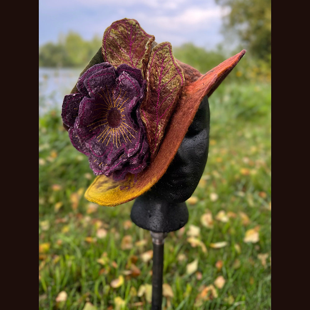 Felted top hat with rose 23.5” medium