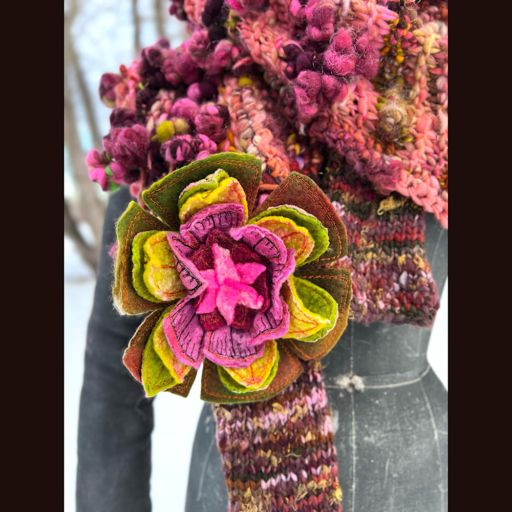 Knitted scarf made of hand spun yarn Flower included 84” X 14”