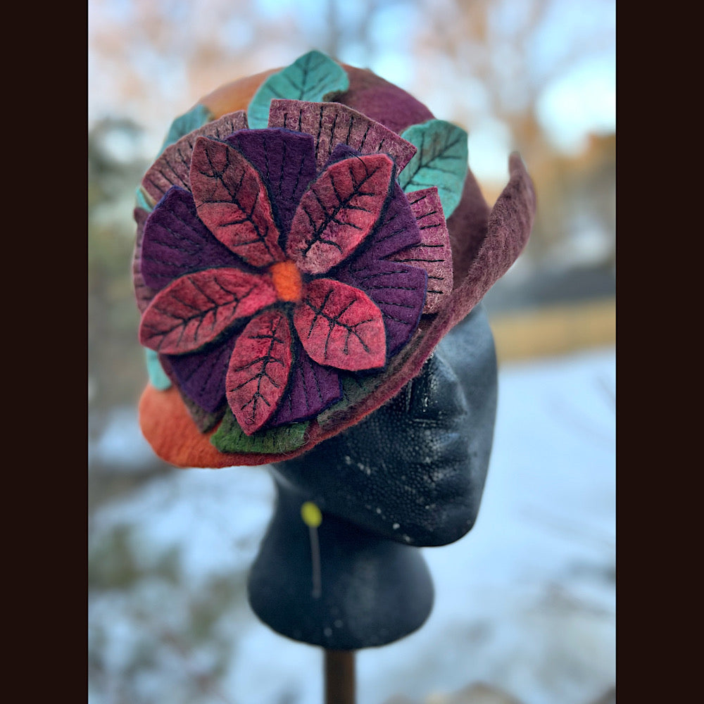 Felted mini cloche hat with flower 22” small