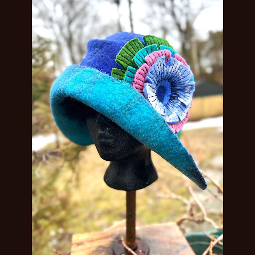 Felted cloche hat with flower 23” 1/2 medium