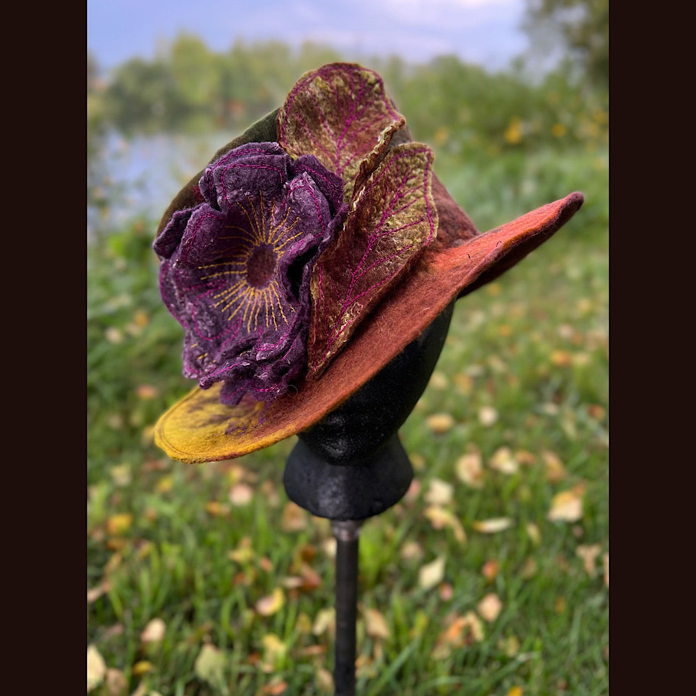 Felted top hat with rose 23.5” medium