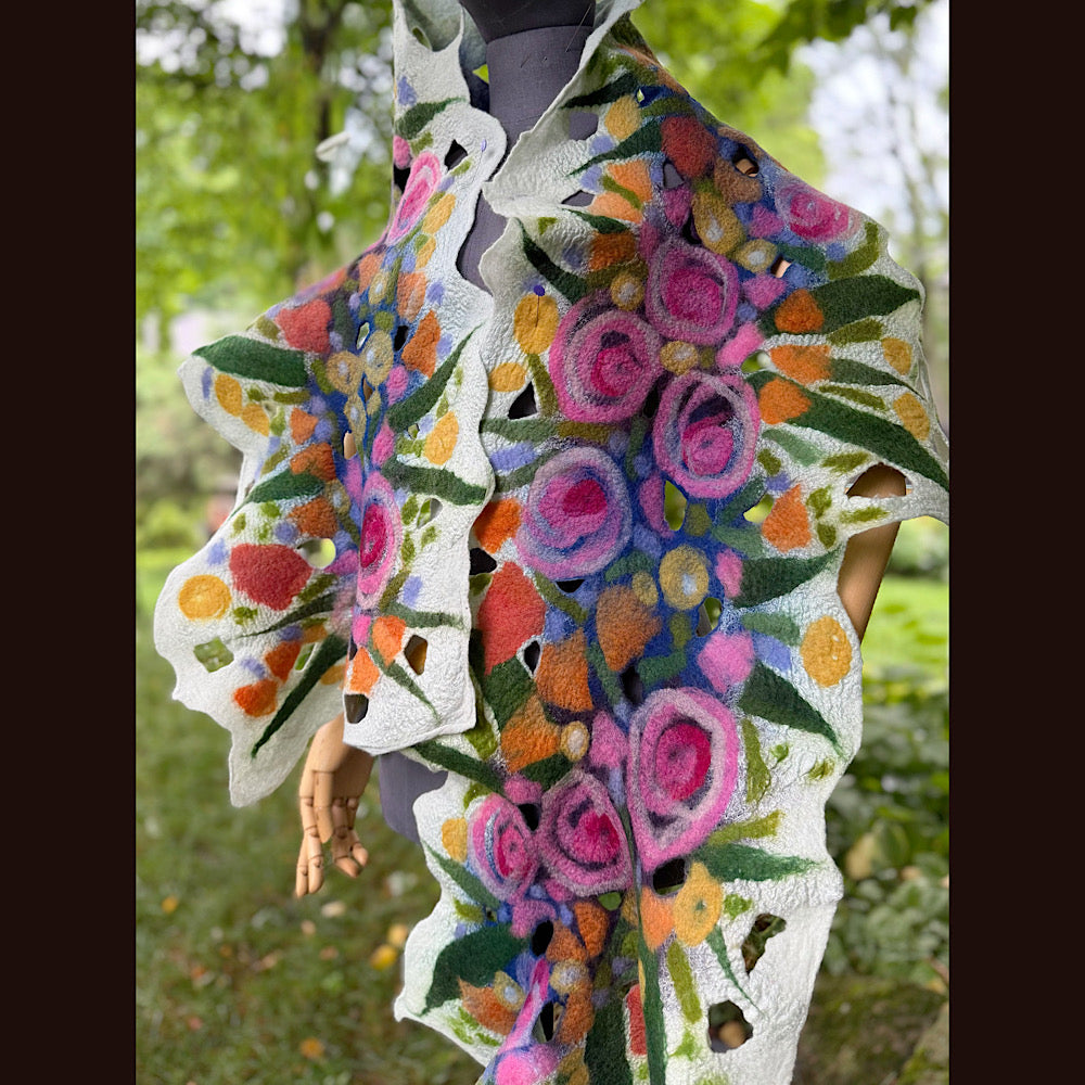 OOAK Handmade wool Felted Scarf 82” X 14” Original art work