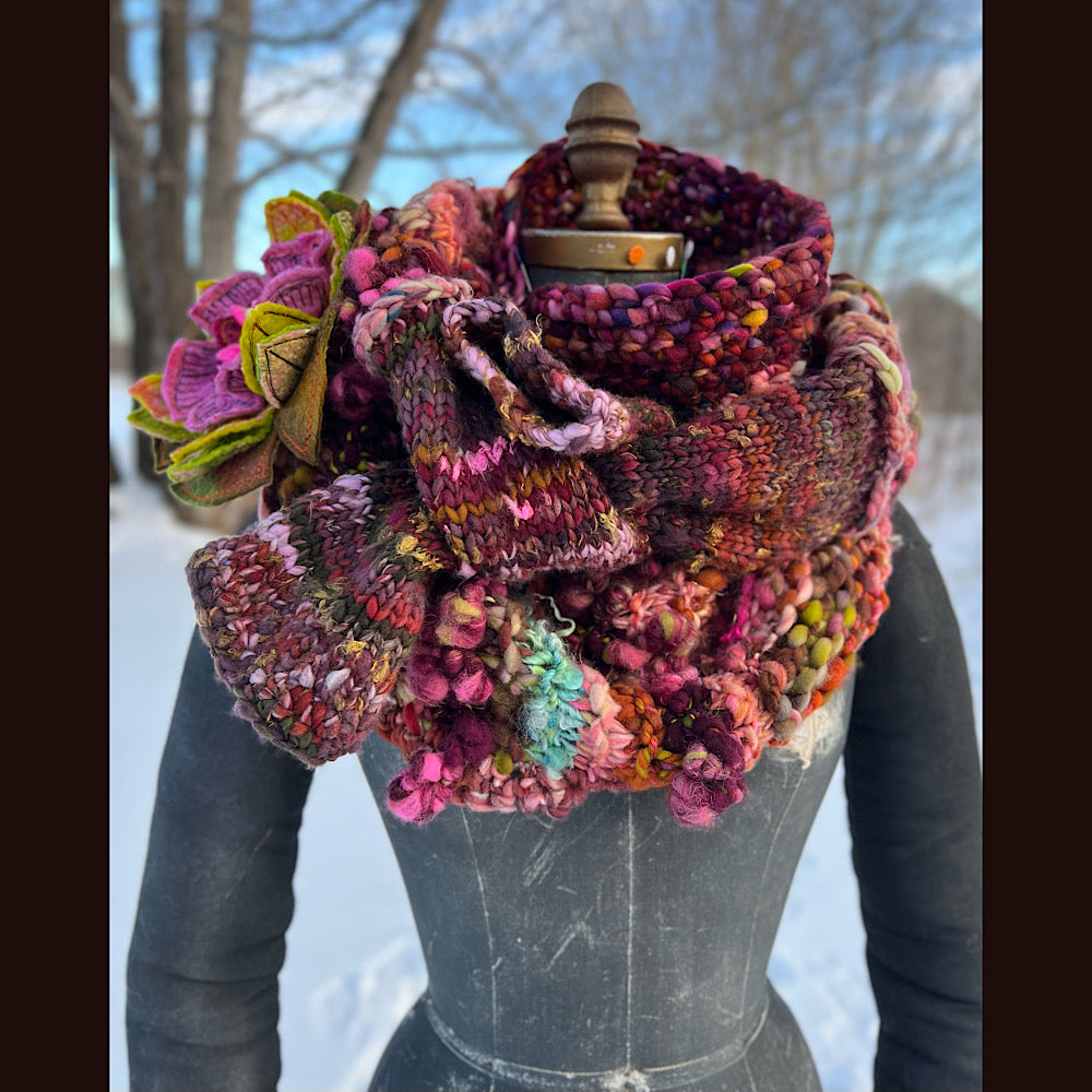 Knitted scarf made of hand spun yarn Flower included 84” X 14”