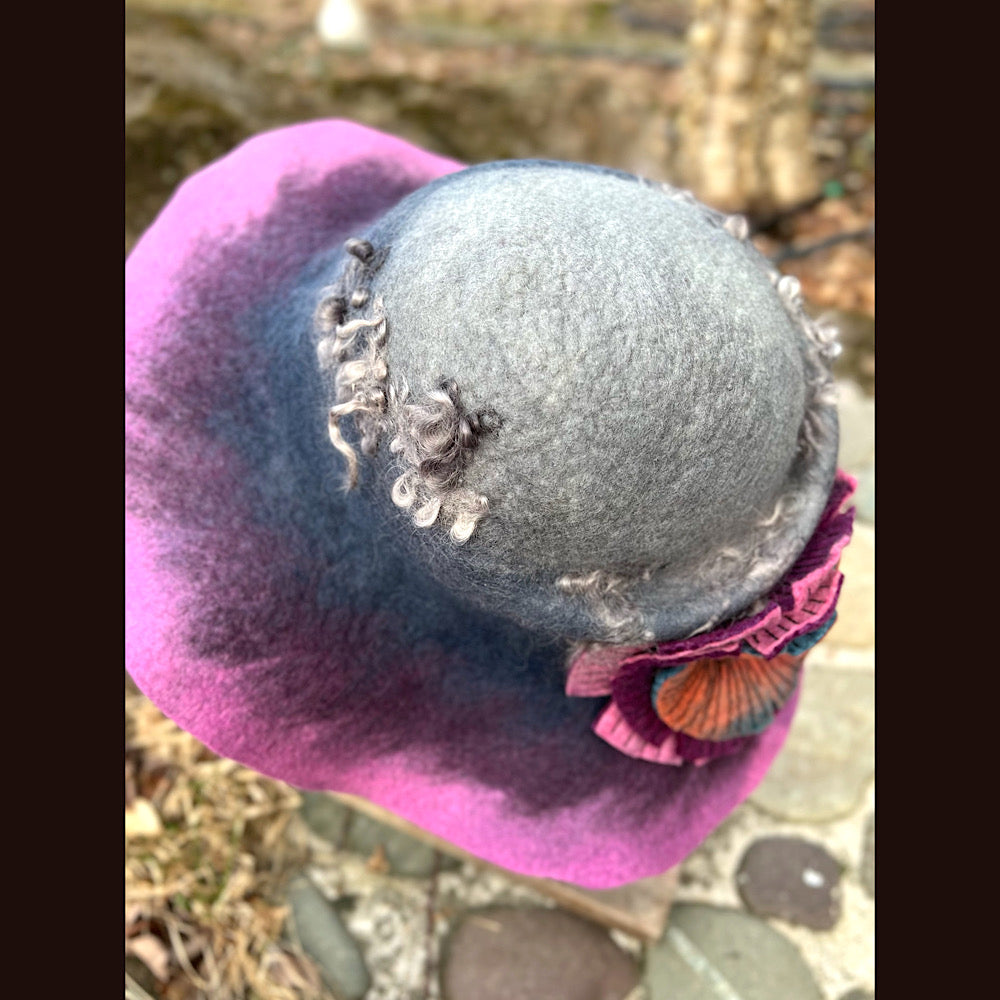 Felted top hat with rose 23” 1/2 medium