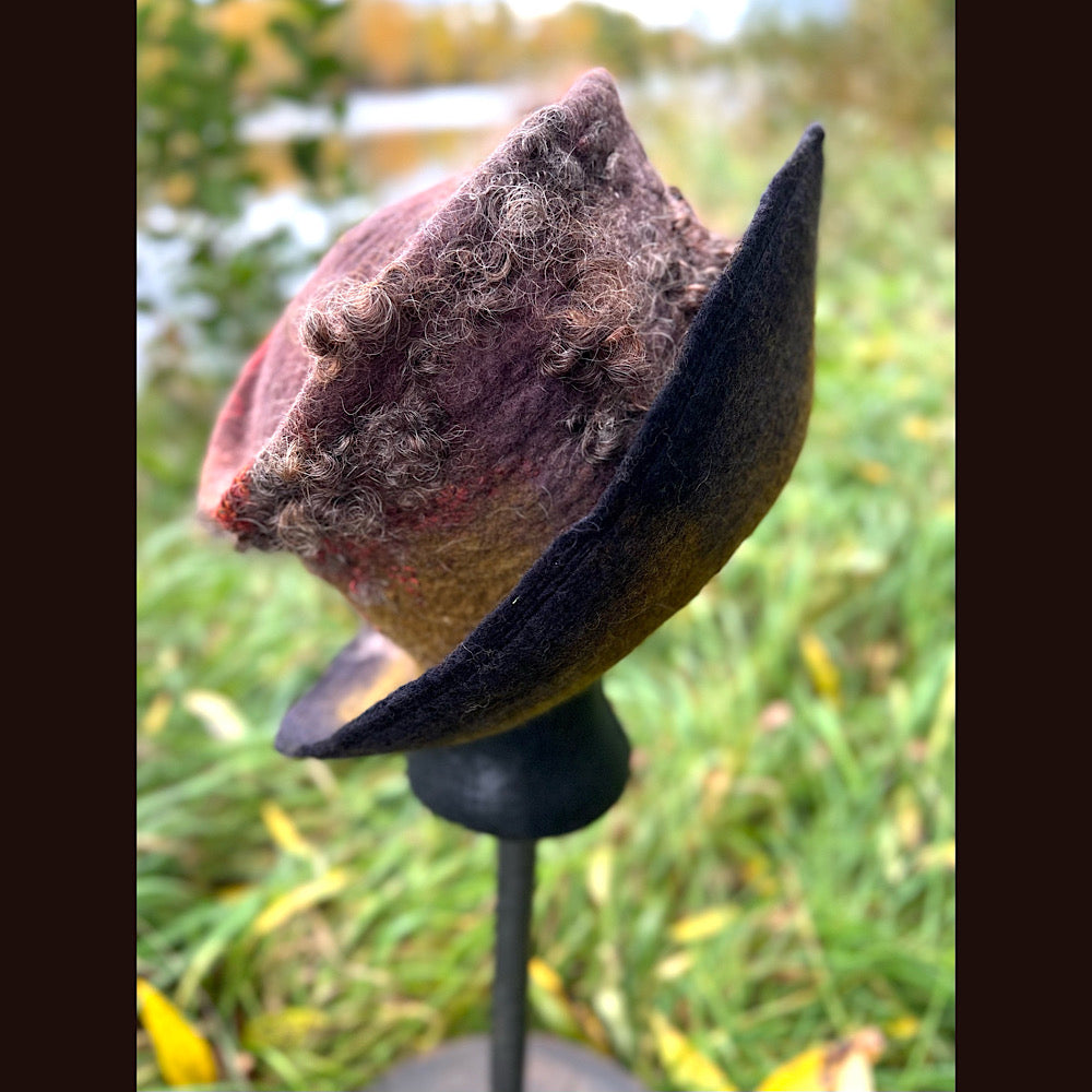 Felted top hat with leaves 23.5” medium