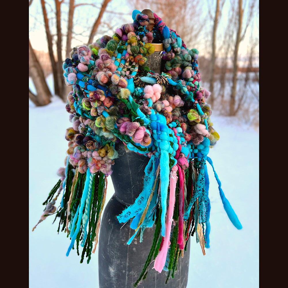 Woven scarf made of hand spun yarn 84” X 10”