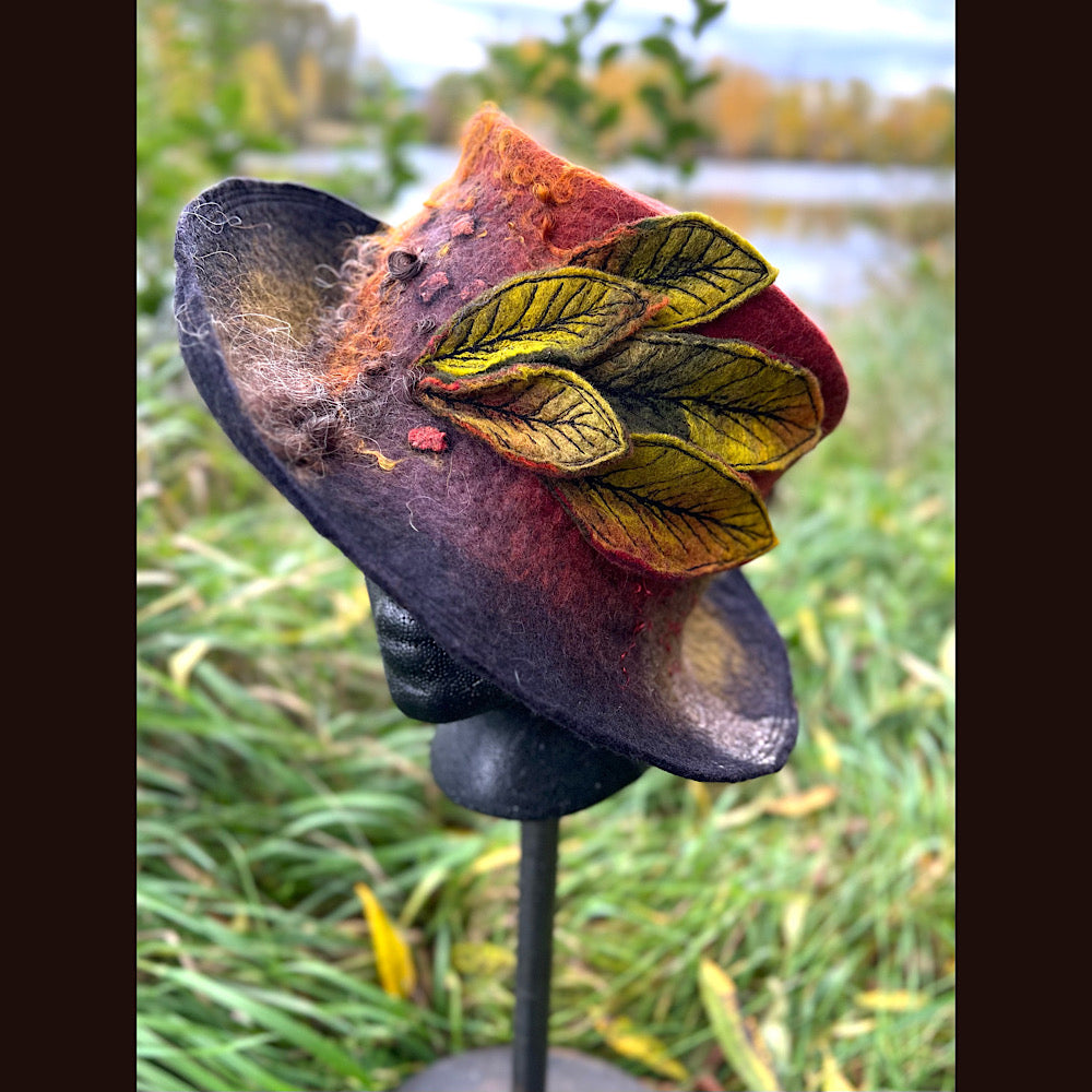 Felted top hat with leaves 23.5” medium