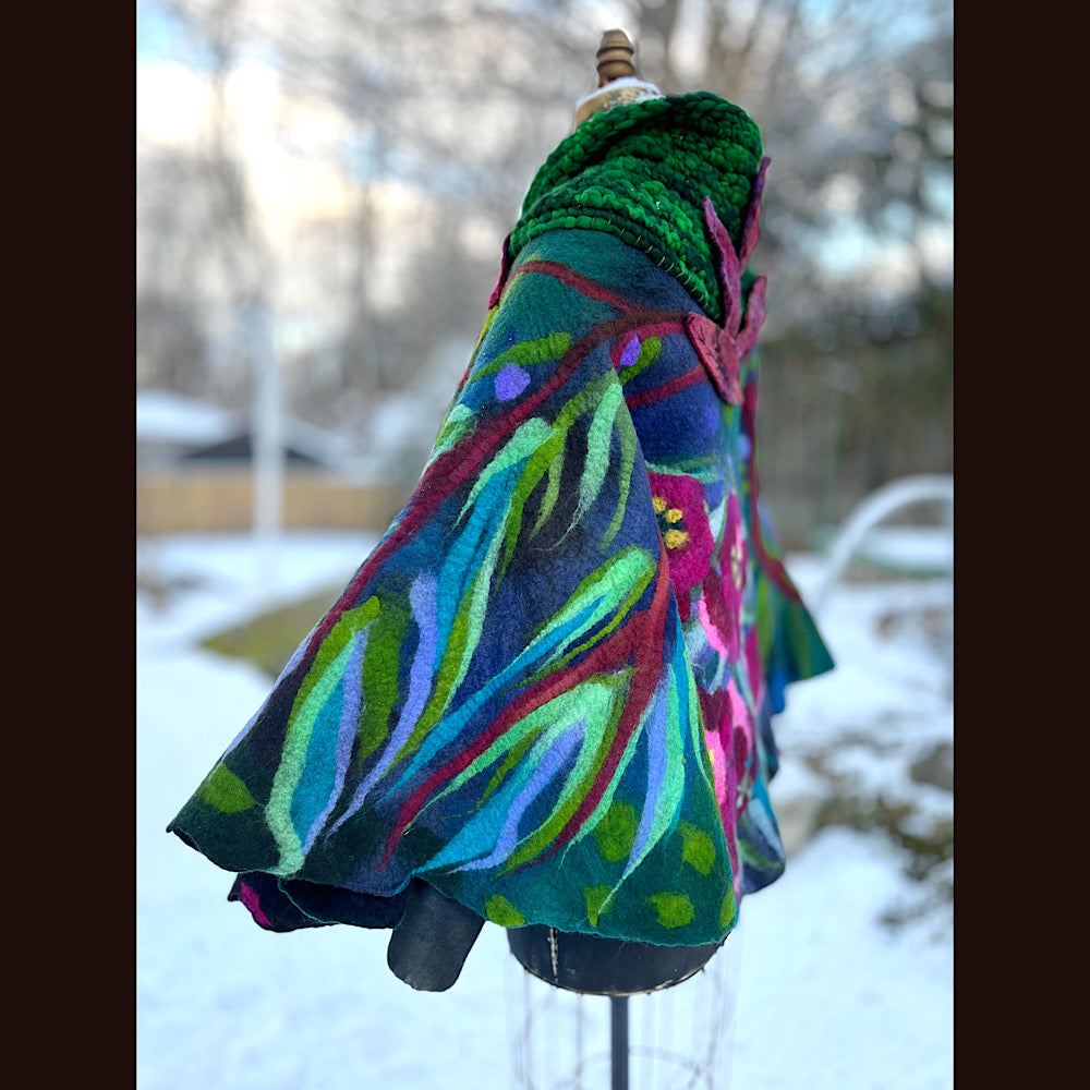 Felted cape coat with crochet collar