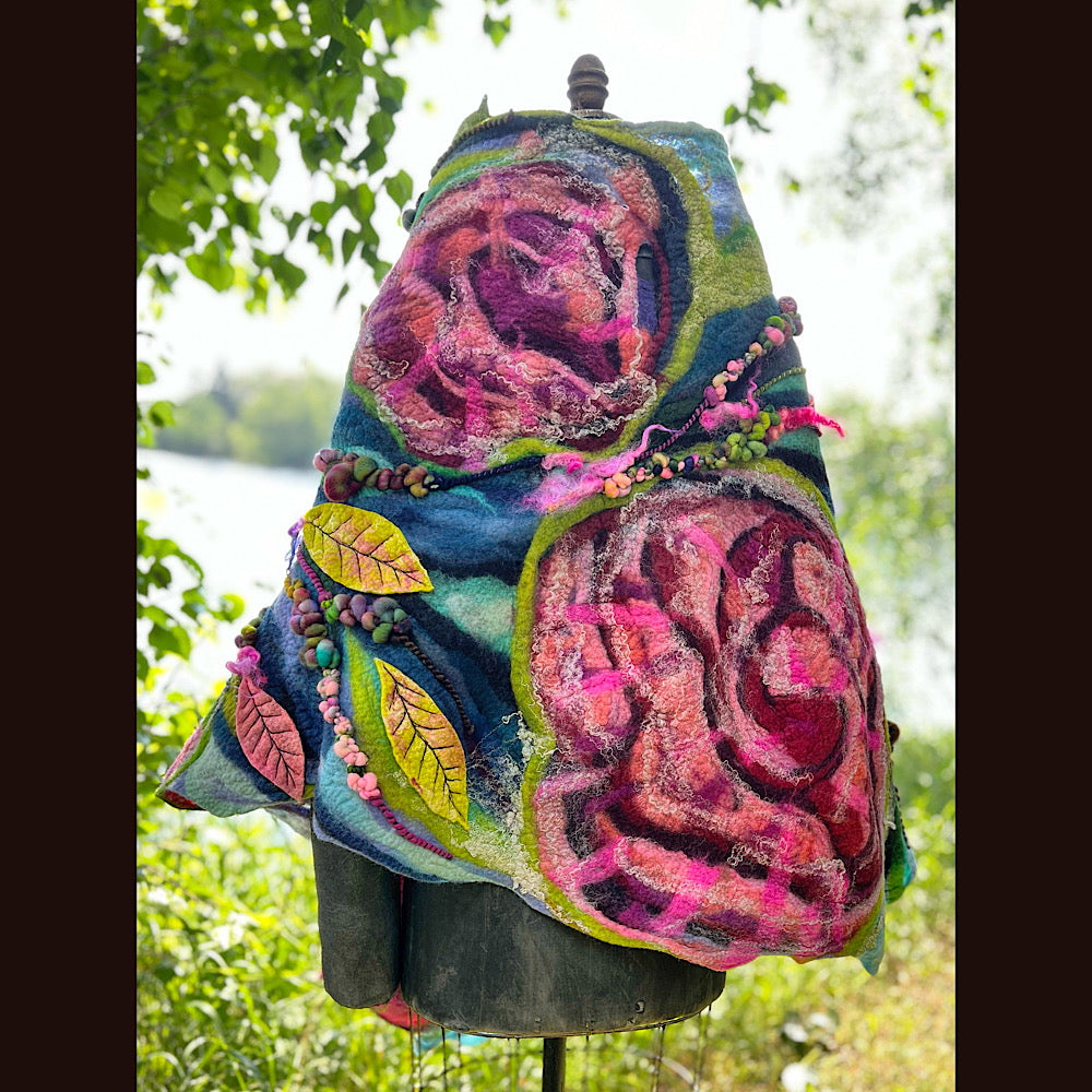 Wild Roses Large Felted Shawl 80” X 30”