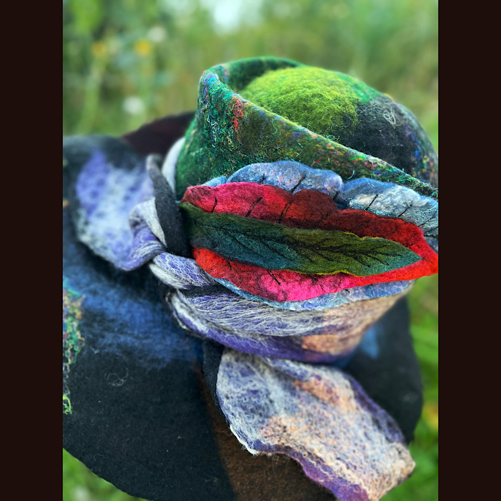 Felted top hat with leaves 23.5” medium
