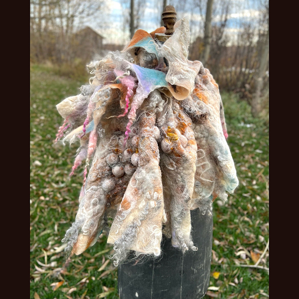 L’Esprit du bois 2024  felted shawl 72” X 22”