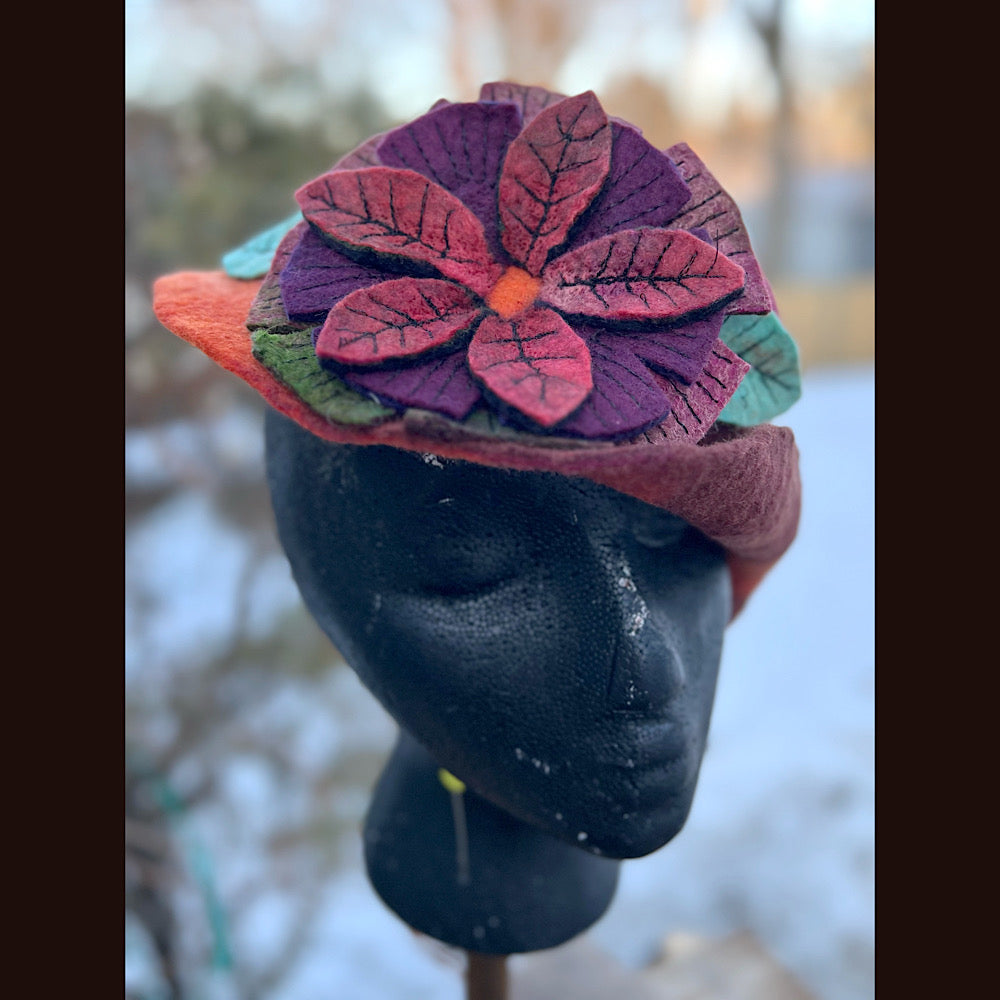 Felted mini cloche hat with flower 22” small