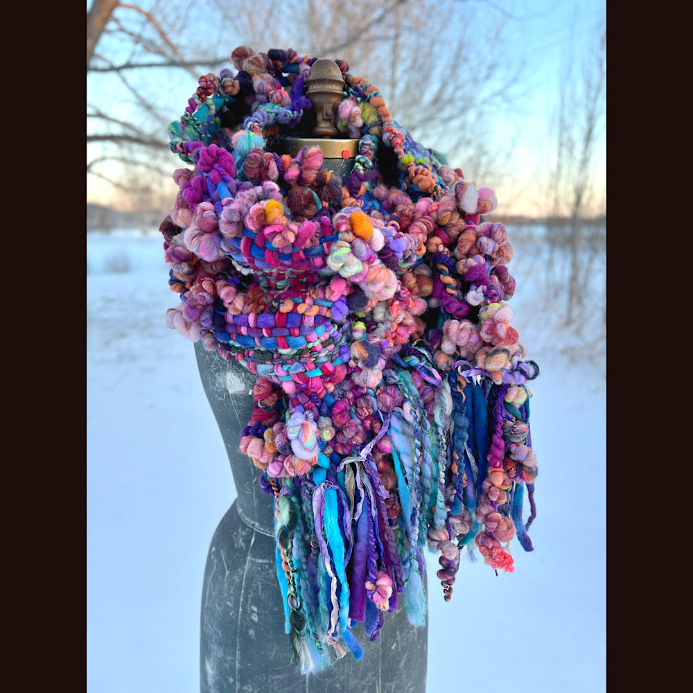 “Glorious innocence “ Woven scarf made of hand spun yarn 84” X 10”