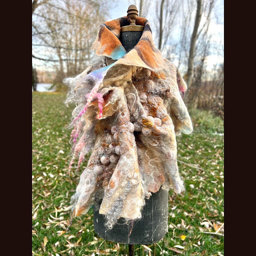 L’Esprit du bois 2024  felted shawl 72” X 22”