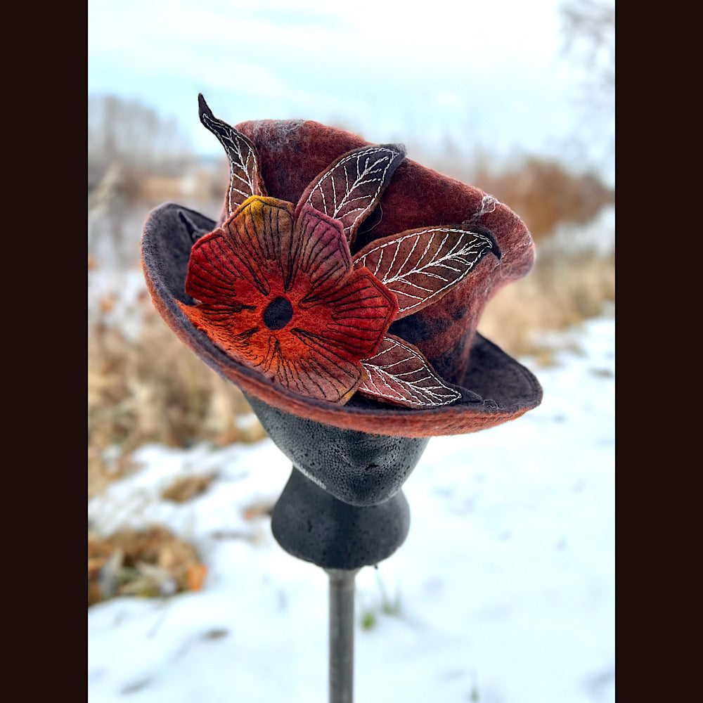 Felted top hat with rose 23” medium