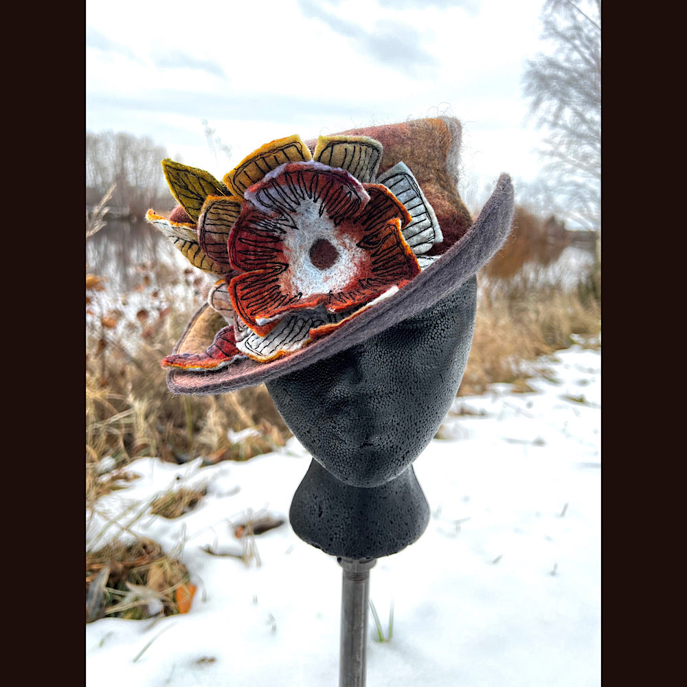 Felted top hat with rose 22” small