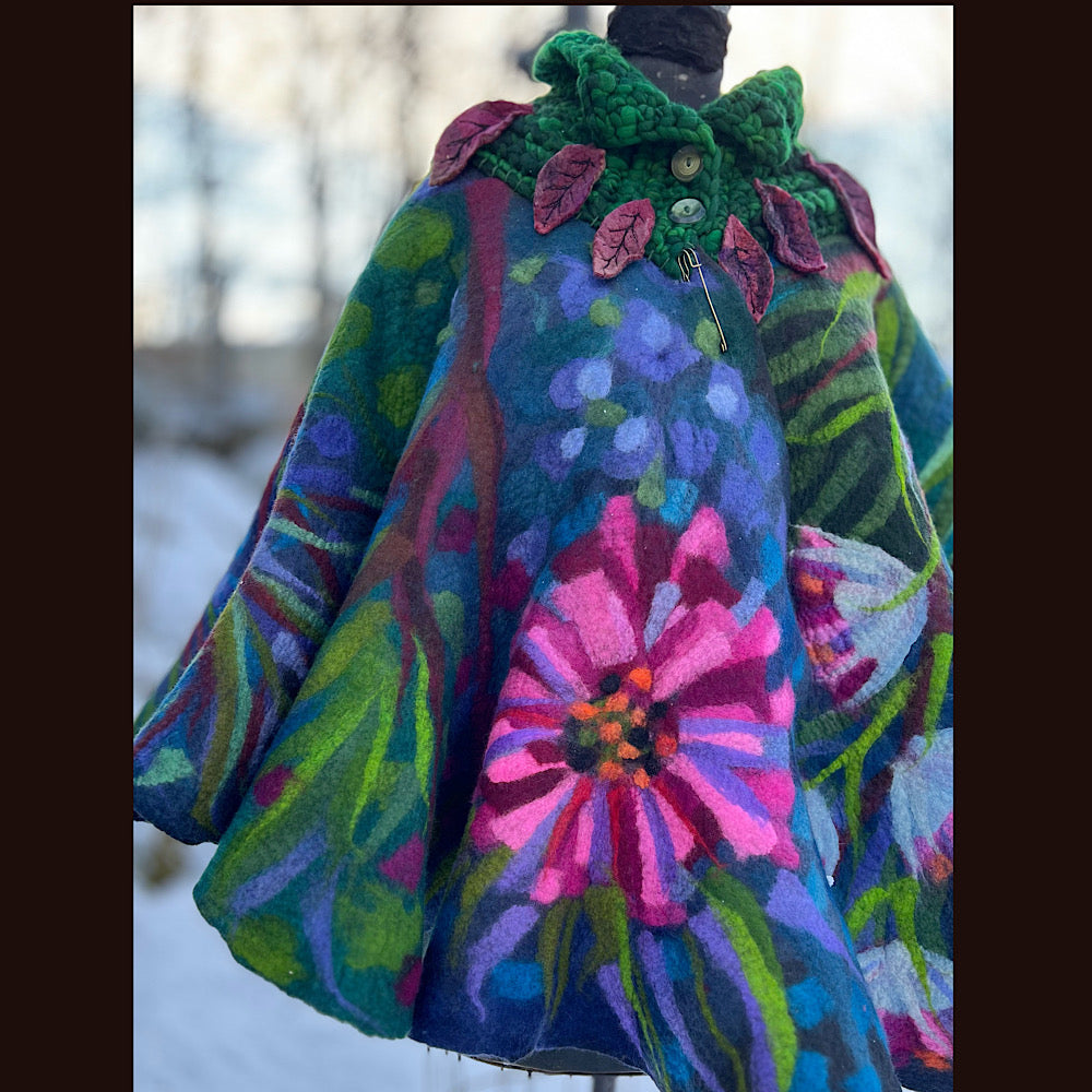 Felted cape coat with crochet collar