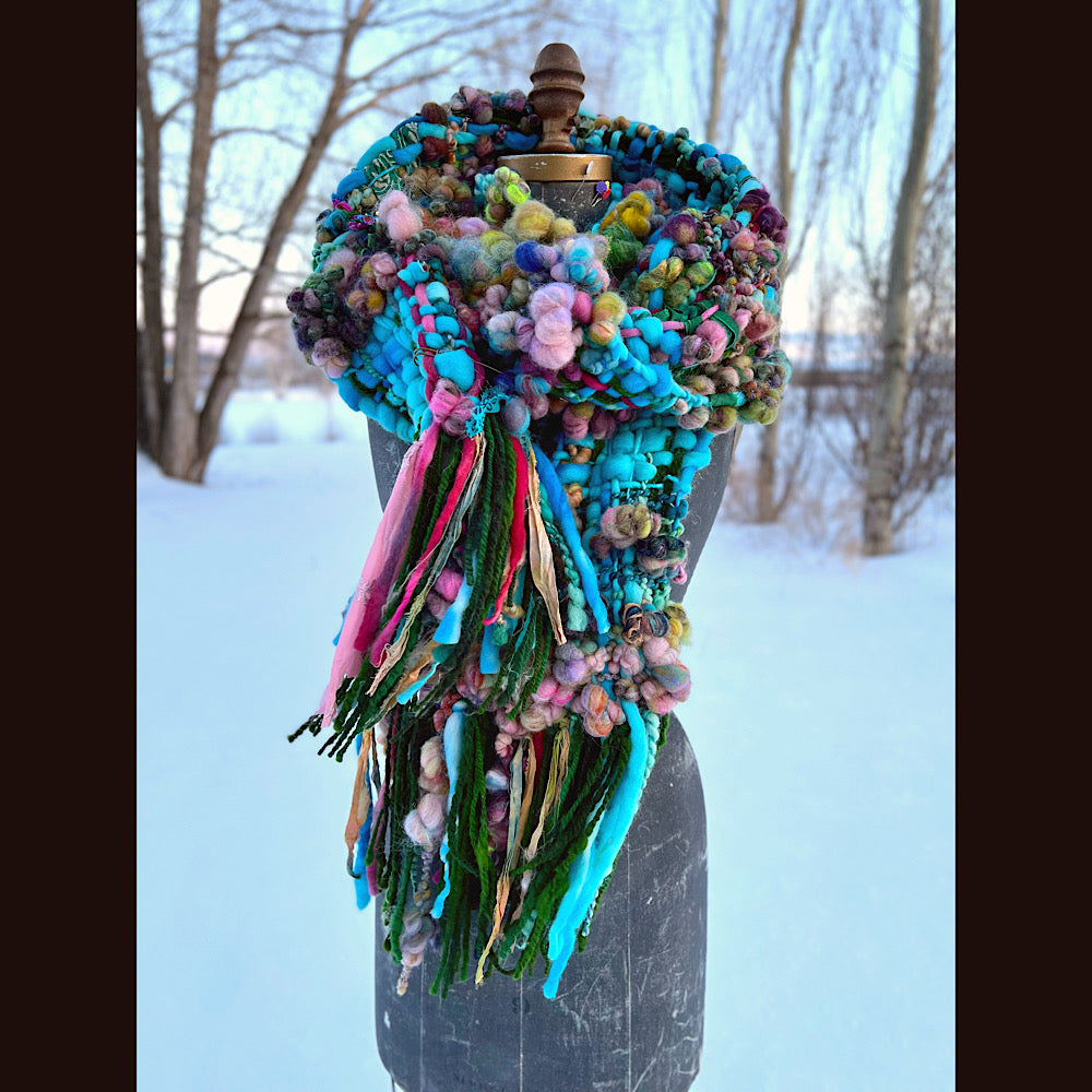 Woven scarf made of hand spun yarn 84” X 10”