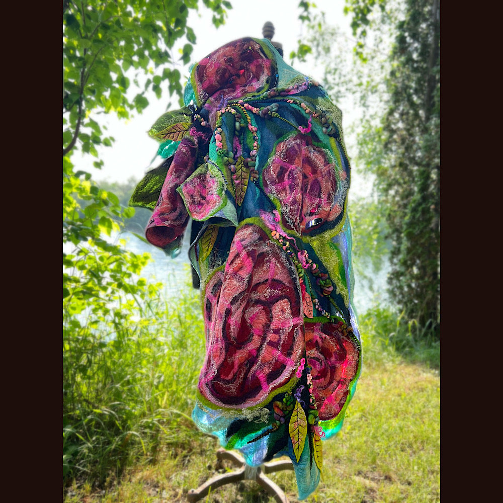 Wild Roses Large Felted Shawl 80” X 30”