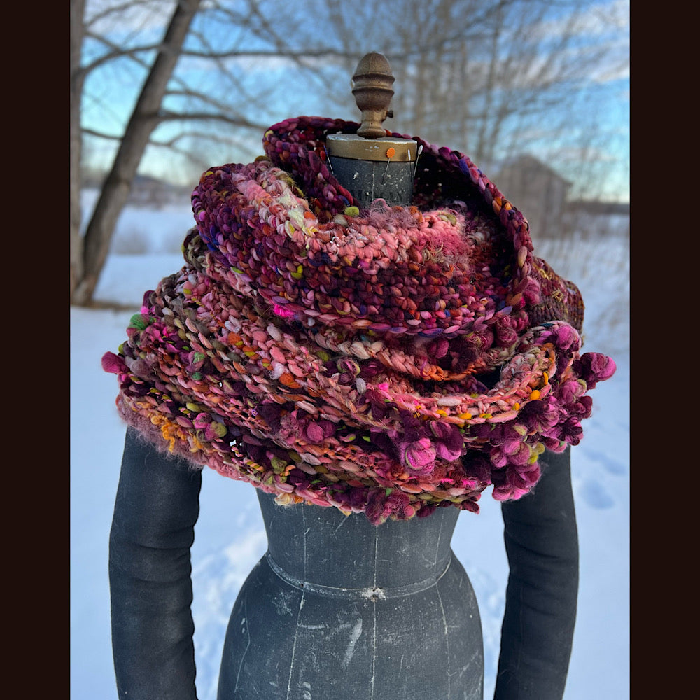 Knitted scarf made of hand spun yarn Flower included 84” X 14”