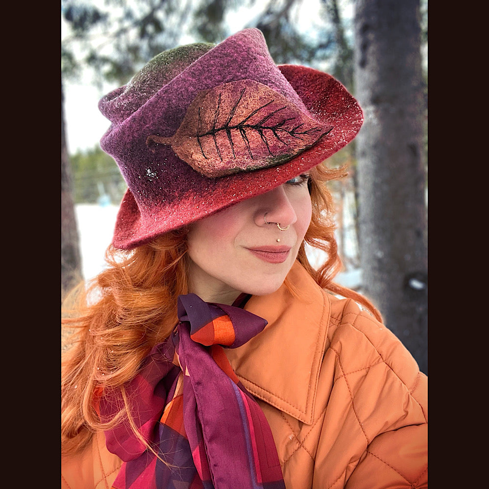 Felted top hat with leaf 23”