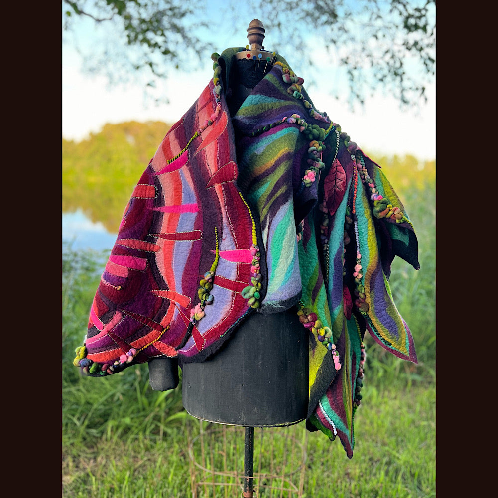 Wild Roses Large Felted Shawl 75” X 38”