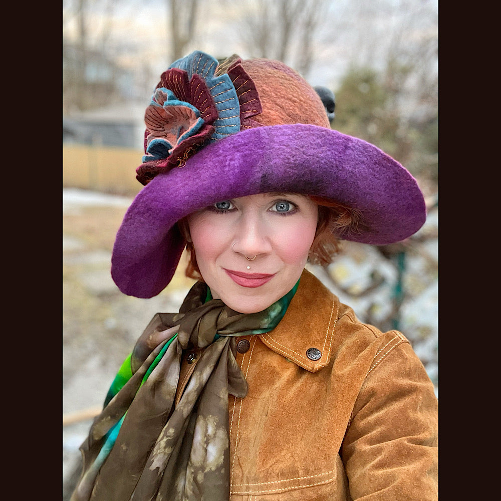 Felted cloche hat with flower 23” 1/2 medium