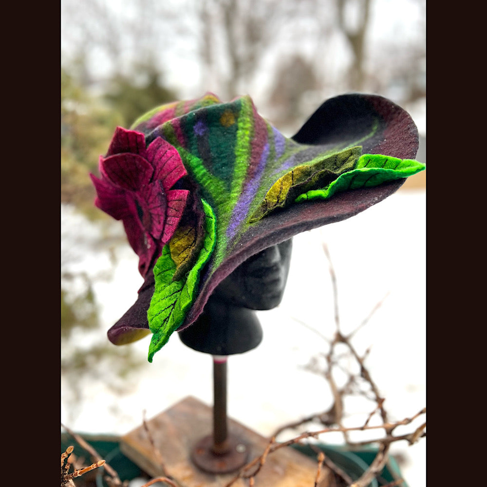 Felted top hat with rose 23” medium