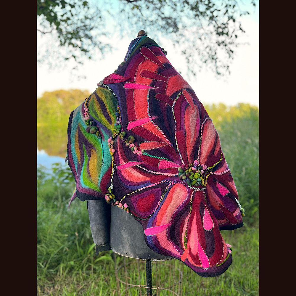 Wild Roses Large Felted Shawl 75” X 38”