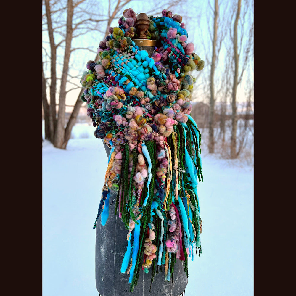 Woven scarf made of hand spun yarn 84” X 10”