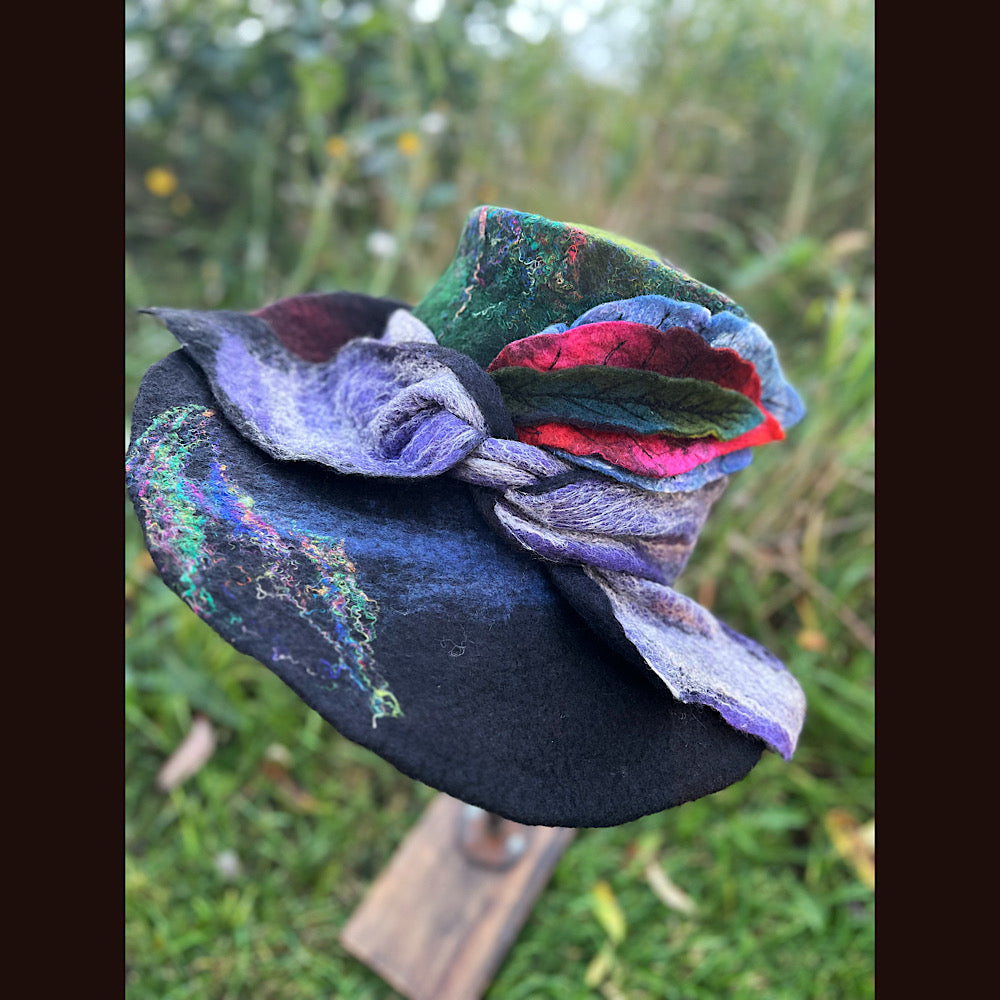 Felted top hat with leaves 23.5” medium