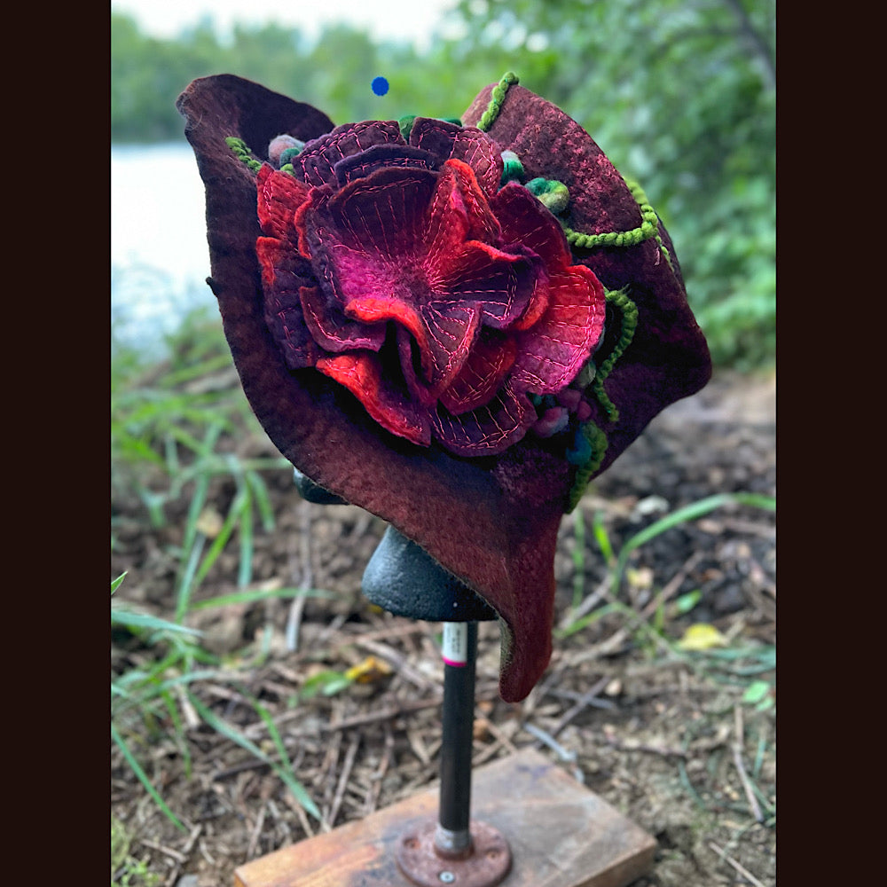 Felted top hat with rose 24” medium large