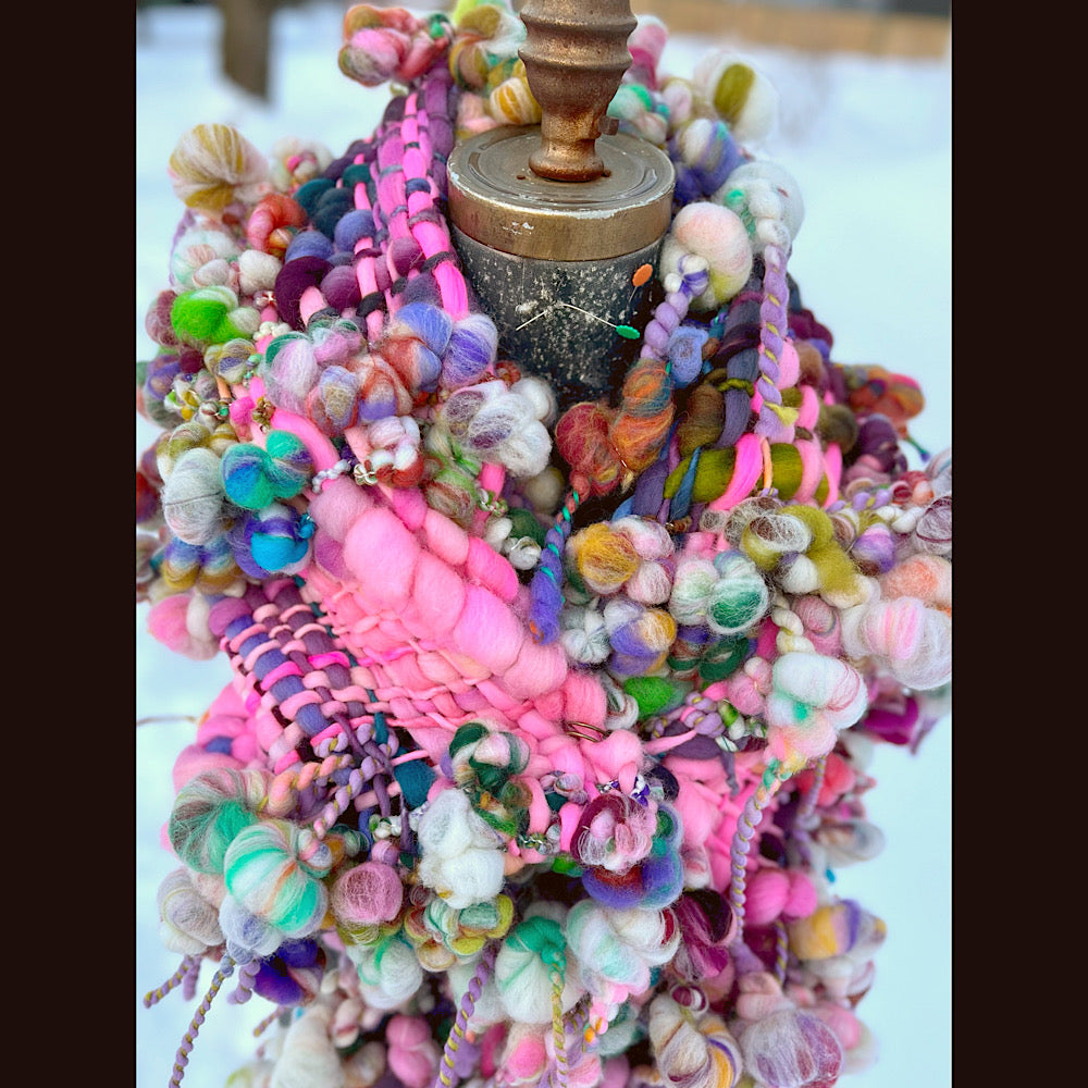 Frosted primroses woven art yarn Scarf 102” X 8” 1.6 pound!