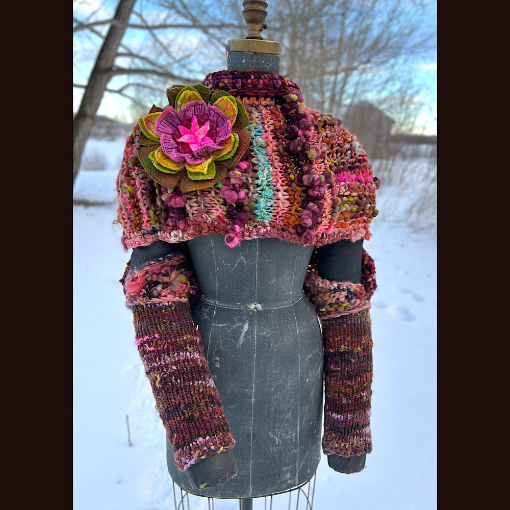 Knitted scarf made of hand spun yarn Flower included 84” X 14”