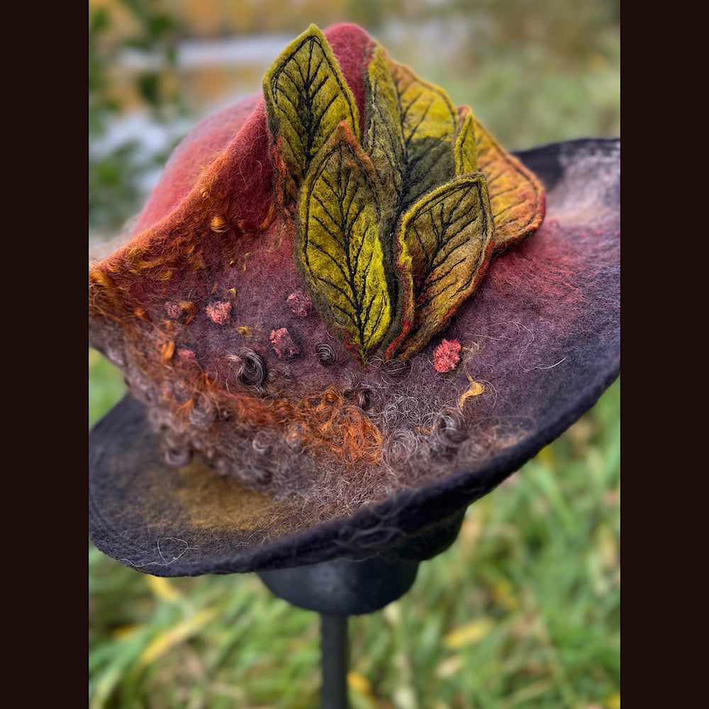 Felted top hat with leaves 23.5” medium