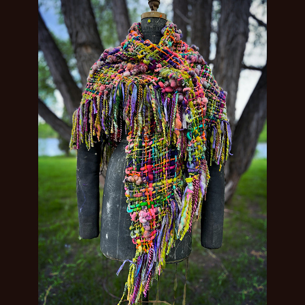 Rainbow warrior Woven shawl 82” X 36” 1 pound