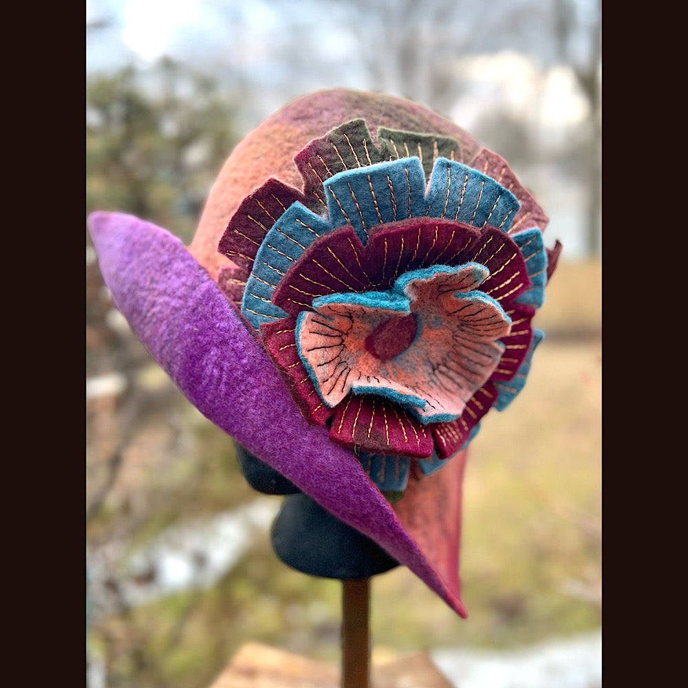 Felted cloche hat with flower 23” 1/2 medium