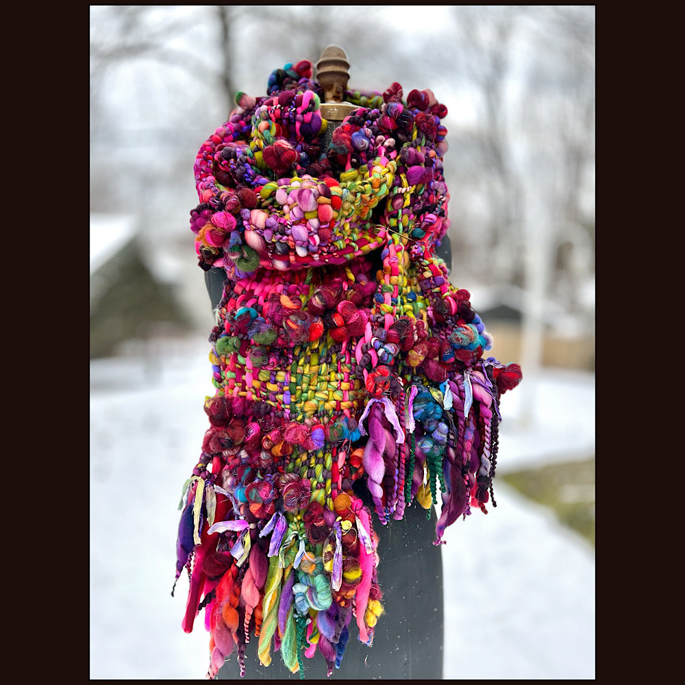 Happiness-  Woven art yarn Scarf 90” X 10”