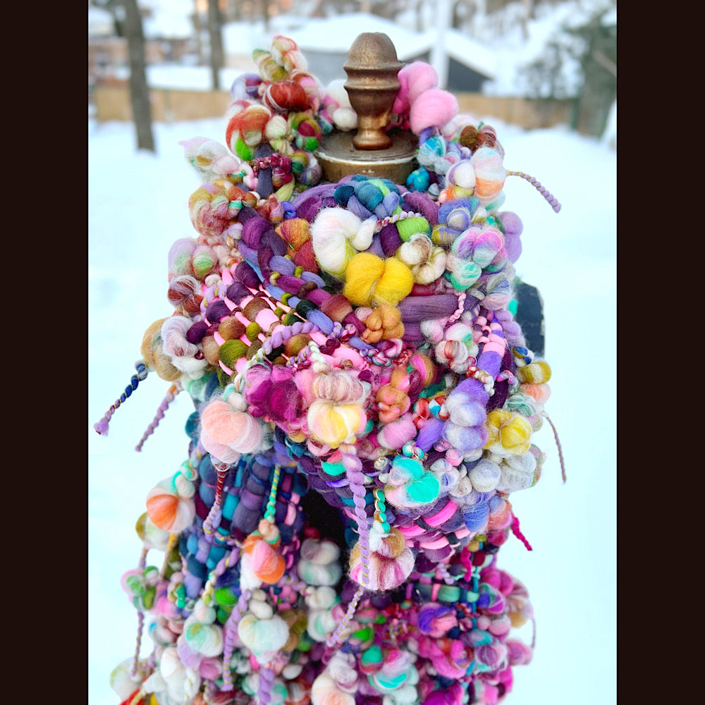 Frosted primroses woven art yarn Scarf 102” X 8” 1.6 pound!