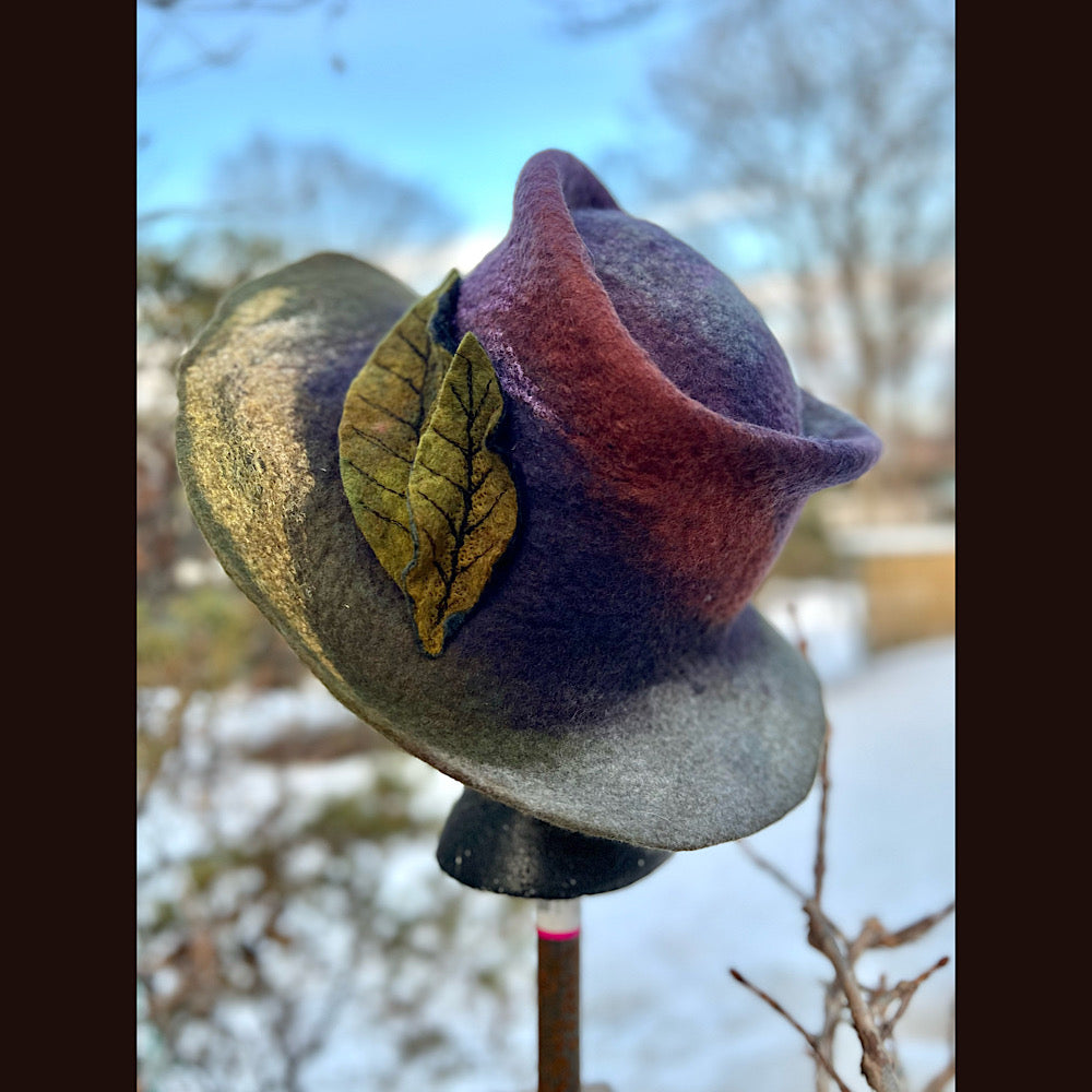 Felted top hat with leaves 23” 1/2 medium