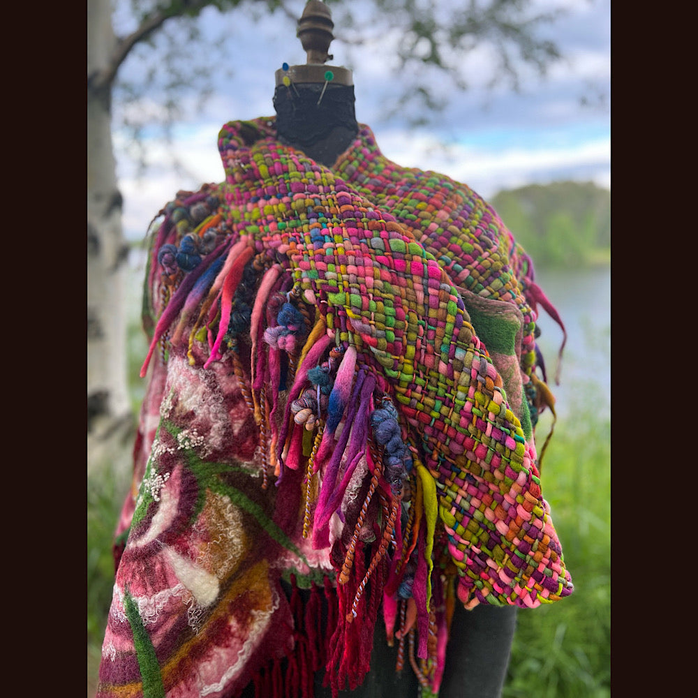 Woven shawl with felted rose 70” X 25”