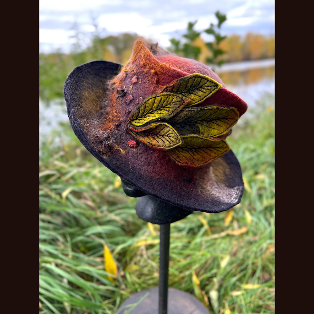 Felted top hat with leaves 23.5” medium