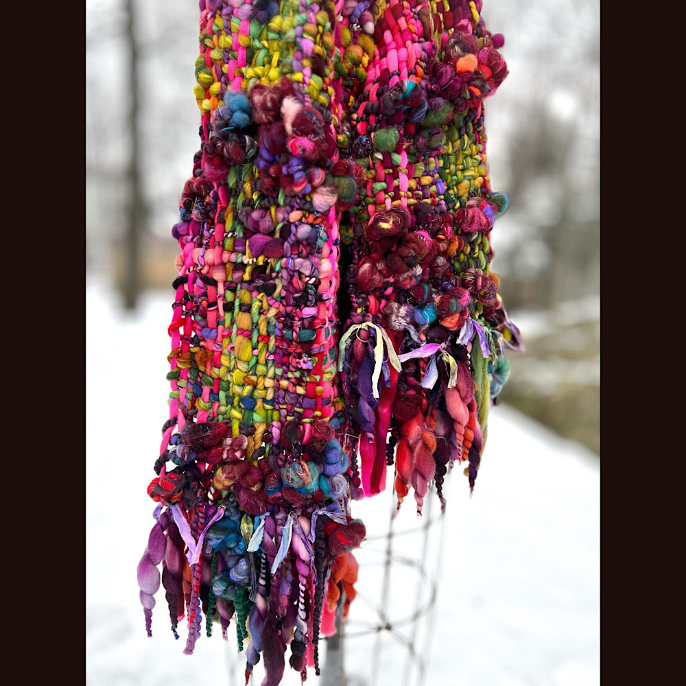 Happiness-  Woven art yarn Scarf 90” X 10”