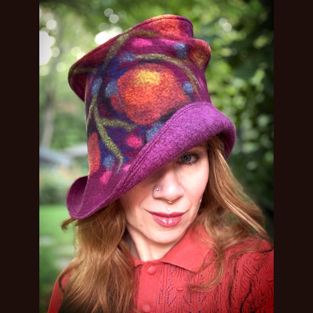 OOAK Handmade wool Felted hat 23.5” medium