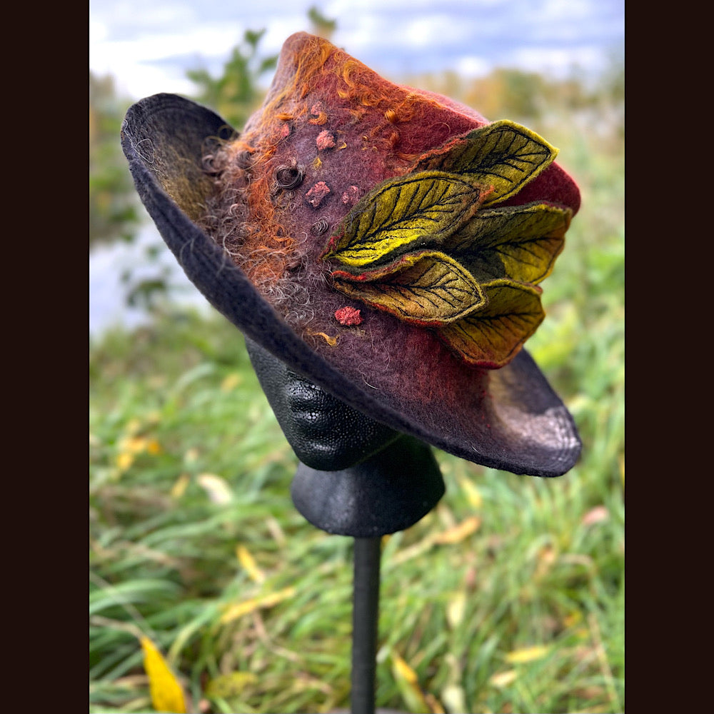 Felted top hat with leaves 23.5” medium