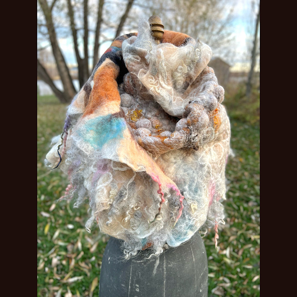 L’Esprit du bois 2024  felted shawl 72” X 22”